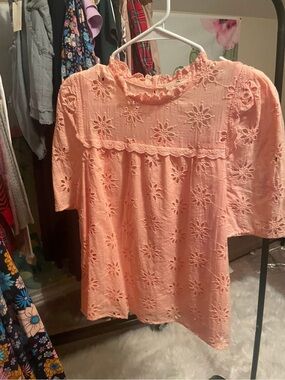 entro Peach Eyelet Ruffle Yoke Blouse